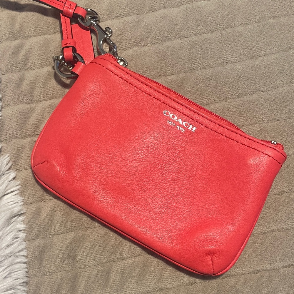 Coach Coral Leather Wristlet Clutch with Silver Hardware